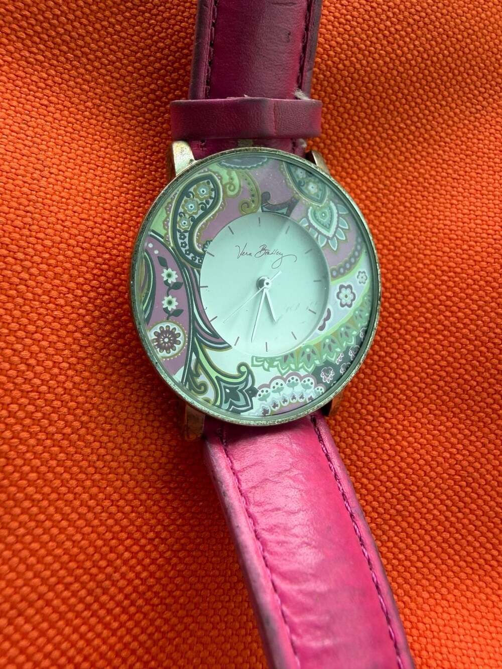 Vera Bradley Analog Quartz Watch with Pink Paisley Pattern and Genuine Leather